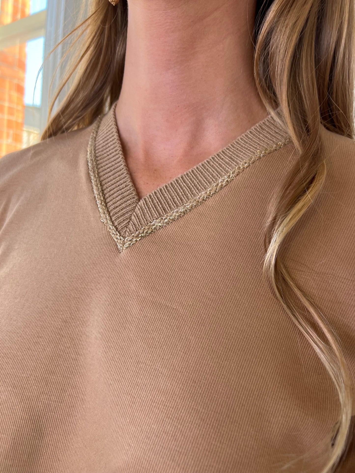 Camel Jersey V Neck Top with Ribbed Trim