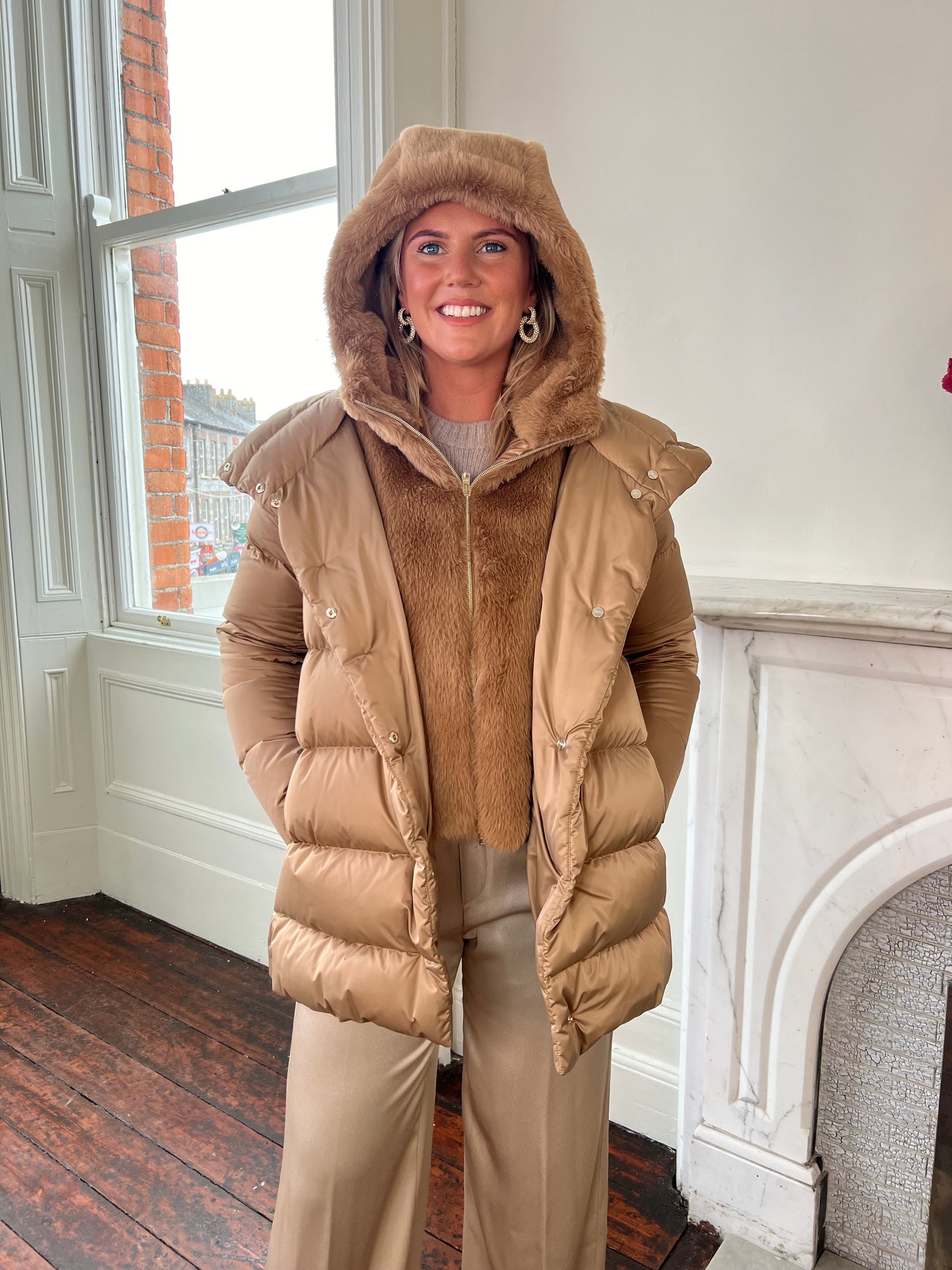 Herno Camel Puffer Jacket with Detatchable Faux Fur Hood