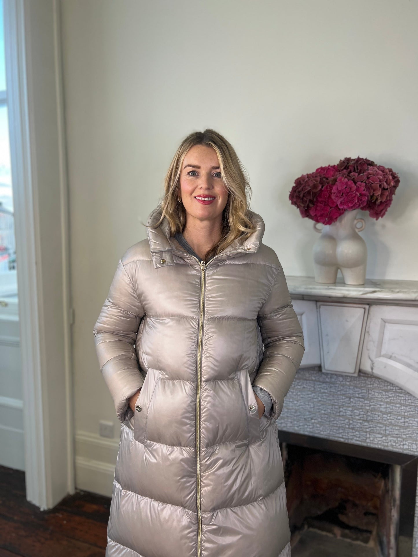 Long Down Quilted Ultra Light Coat with Hood Available in 2 Colours