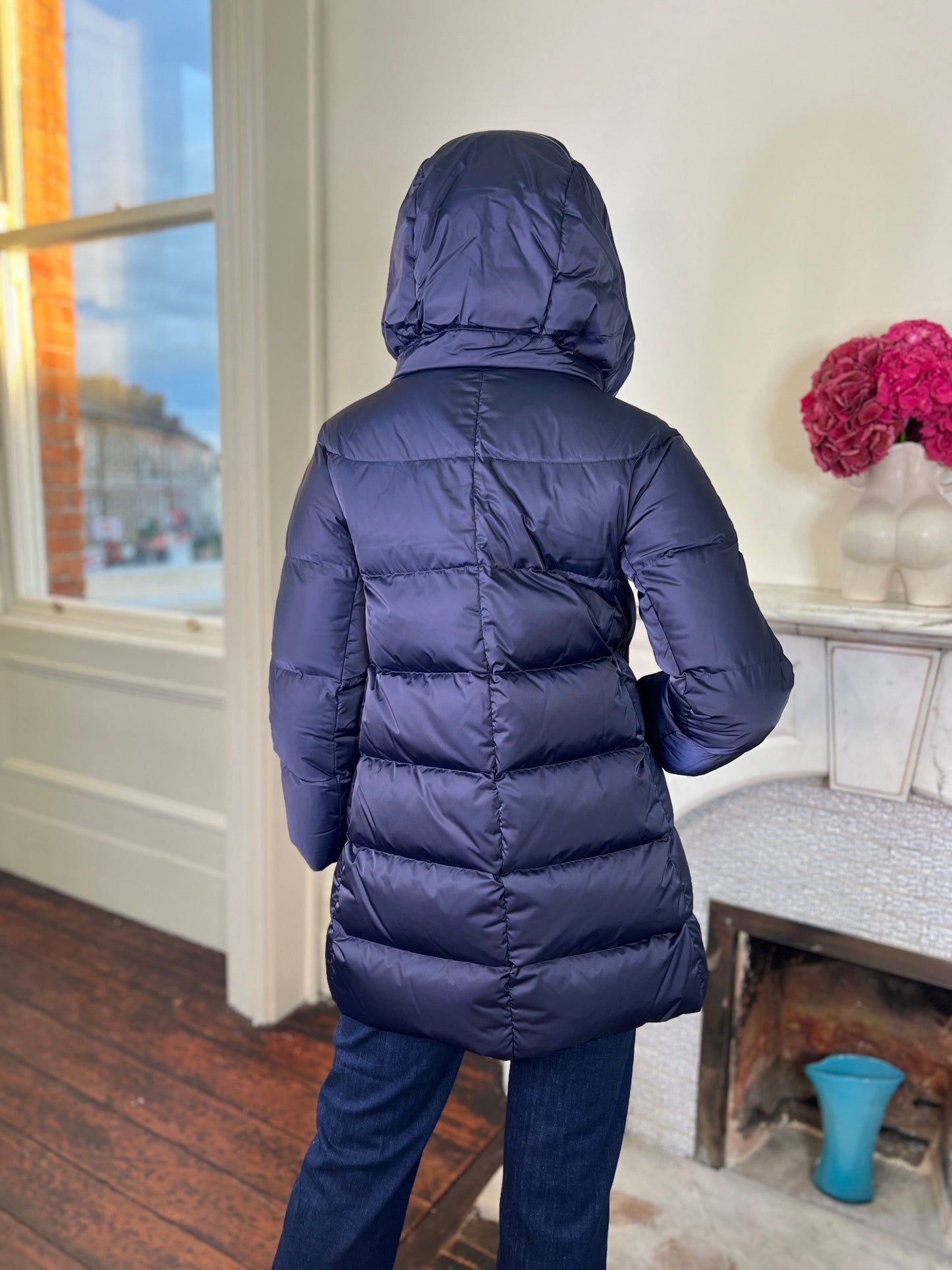 Navy A Shaped Long Puff Down Jacket with Hood