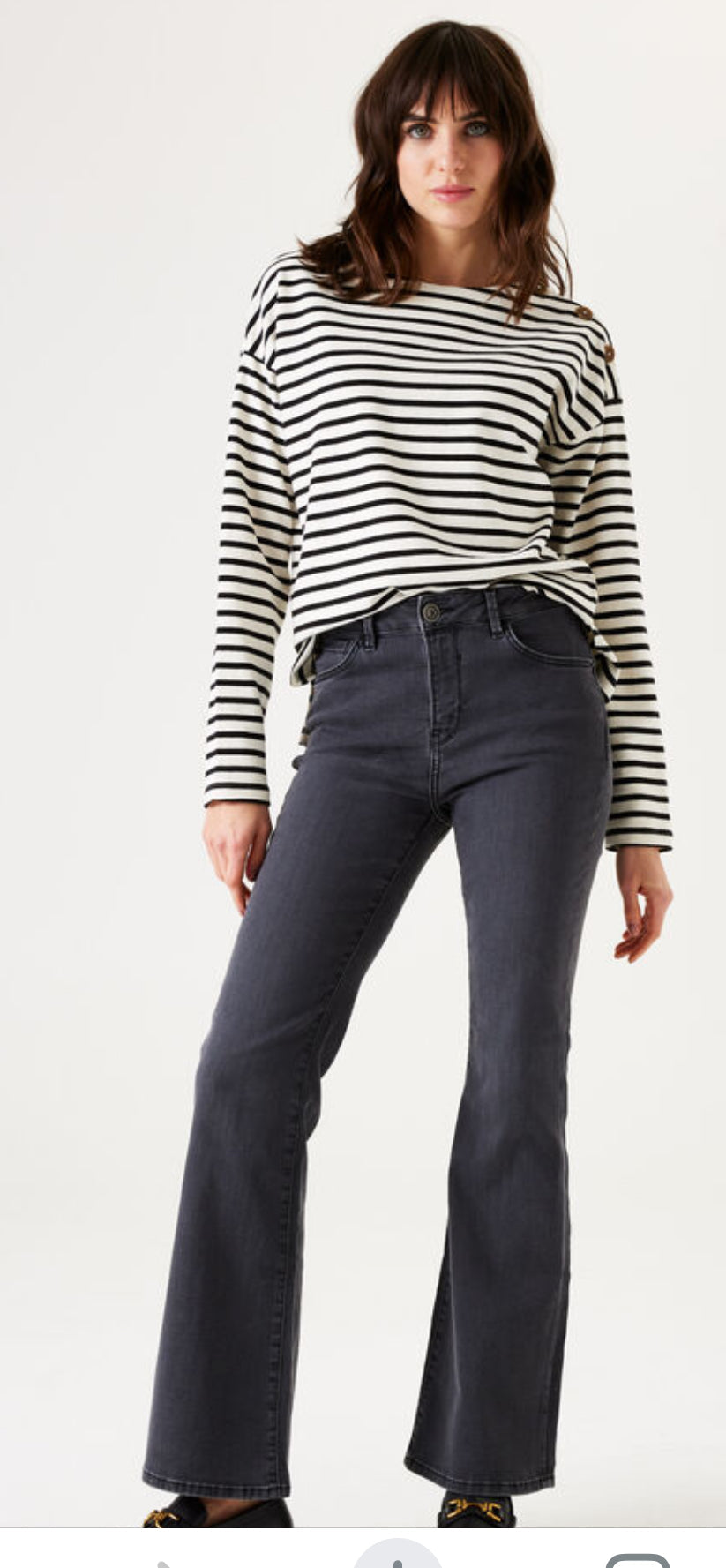 Black and Cream Stripped Breton Top with Button Detail on Shoulder