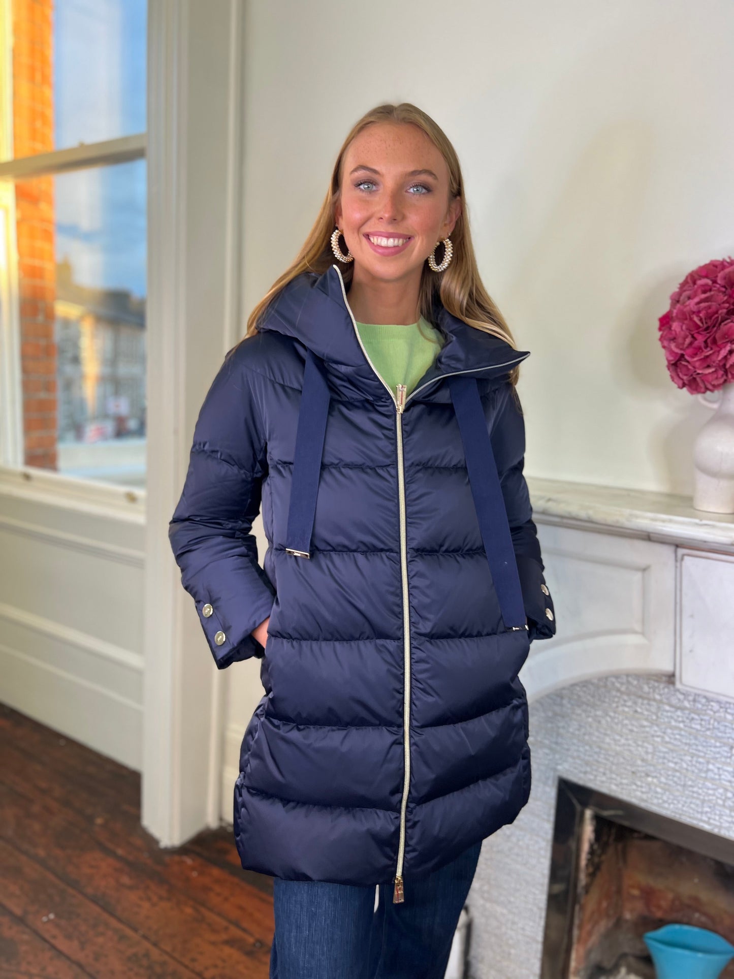 Navy A Shaped Long Puff Down Jacket with Hood