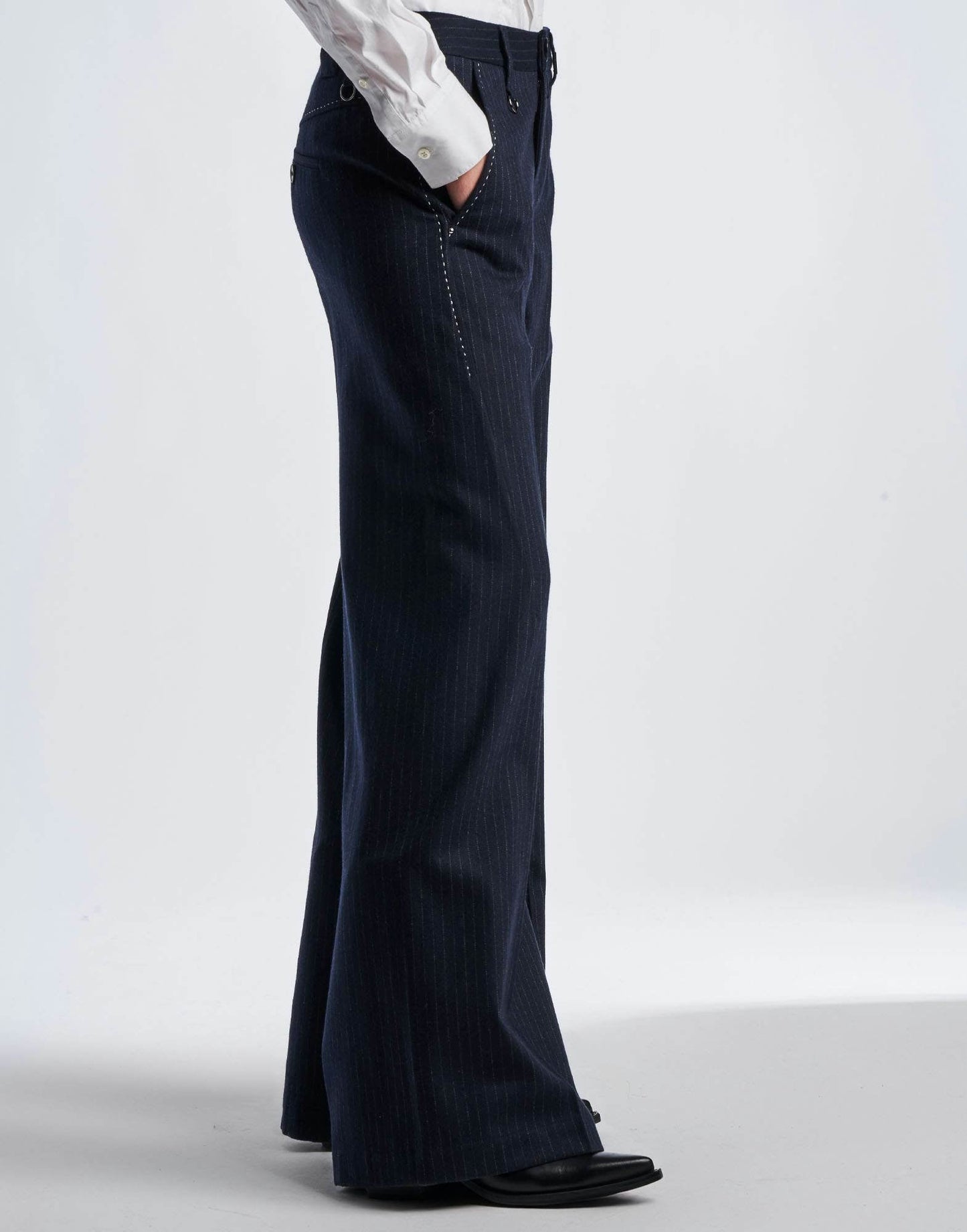 ARRIVAL Wide Leg Pants in Navy Blue Pinstripe