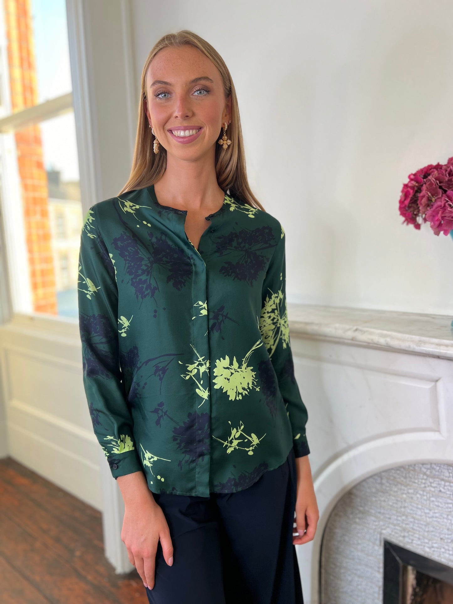 Round Neck Silk Printed Shirt in Forest Green