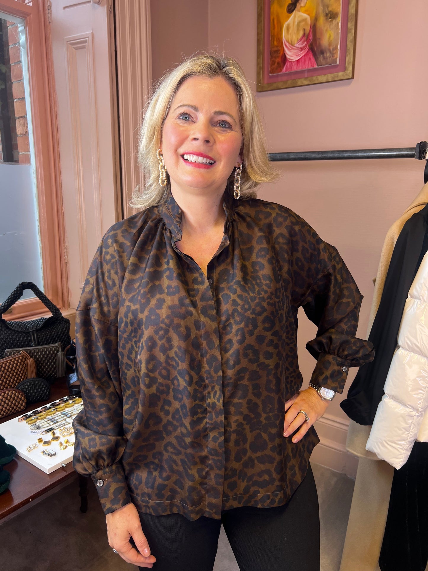 Chocolate Brown and Black Silk Leopard Print Blouse with Mandarin  Collar