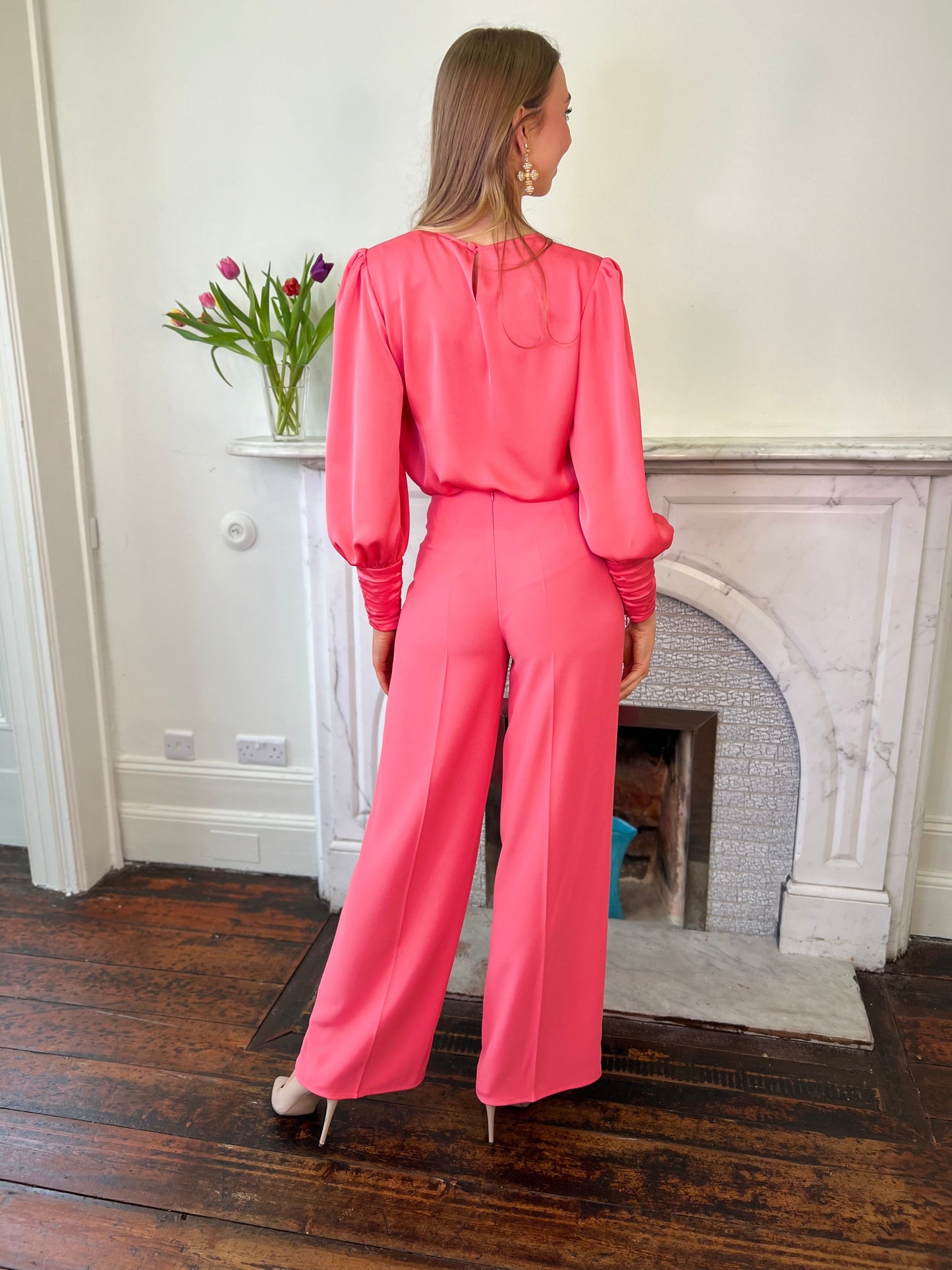 Coral Pink Blouse and Straight Leg Trousers With Tie Detail