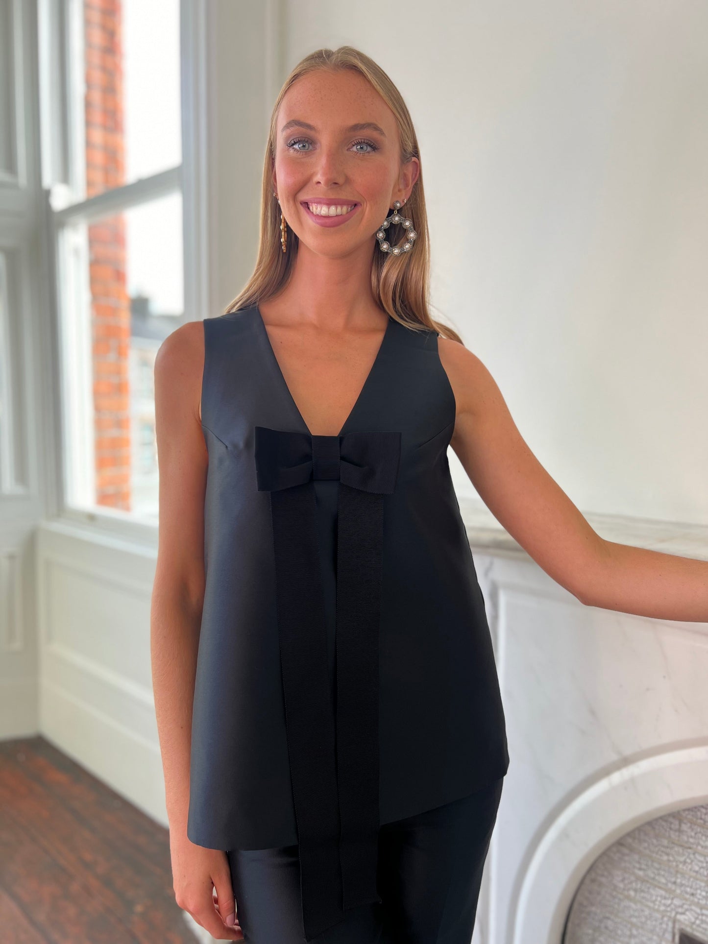 Duchesse Satin Sleeveless Black Top with Bow Detail