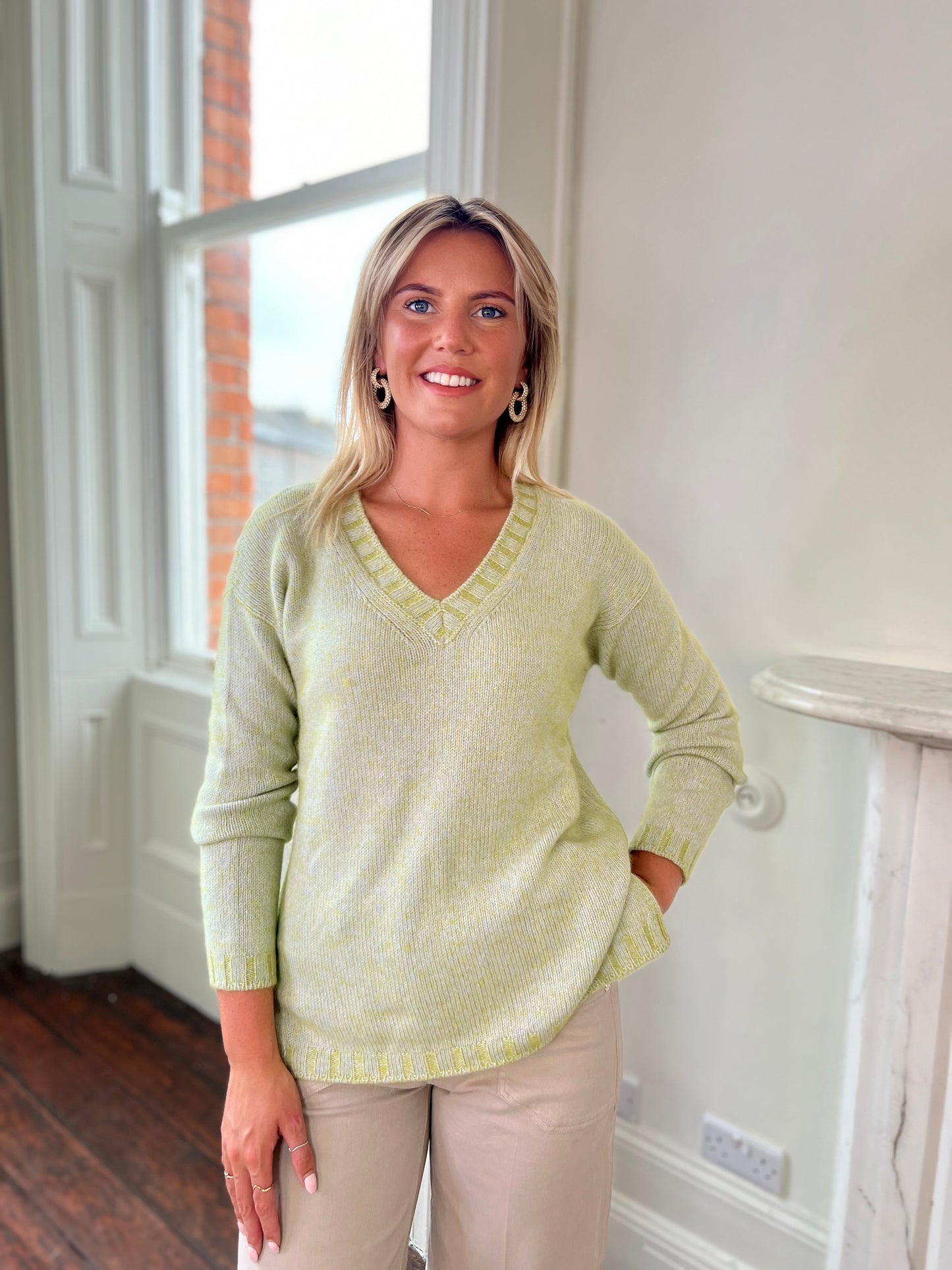 Lime Green Melange V Neck Jumper