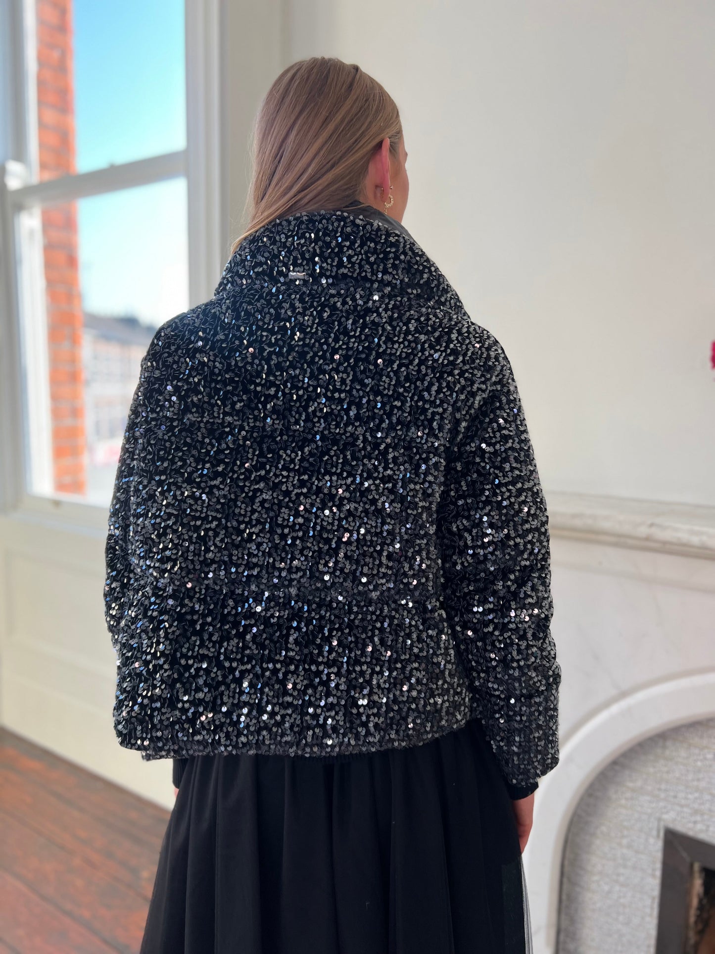 Black Velvet Down Jacket with Sequins