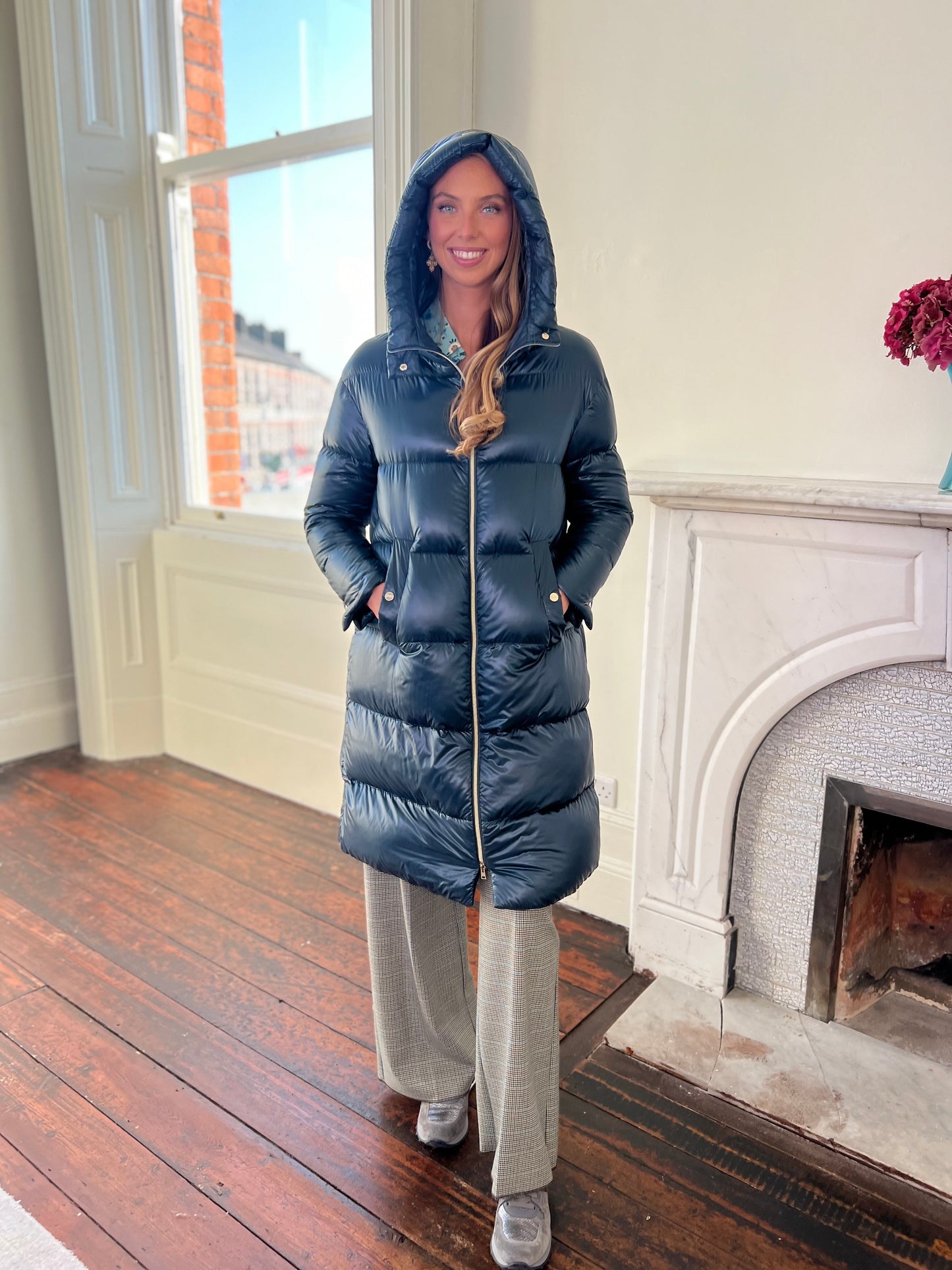 Long Down Quilted Ultra Light Coat with Hood Available in 2 Colours