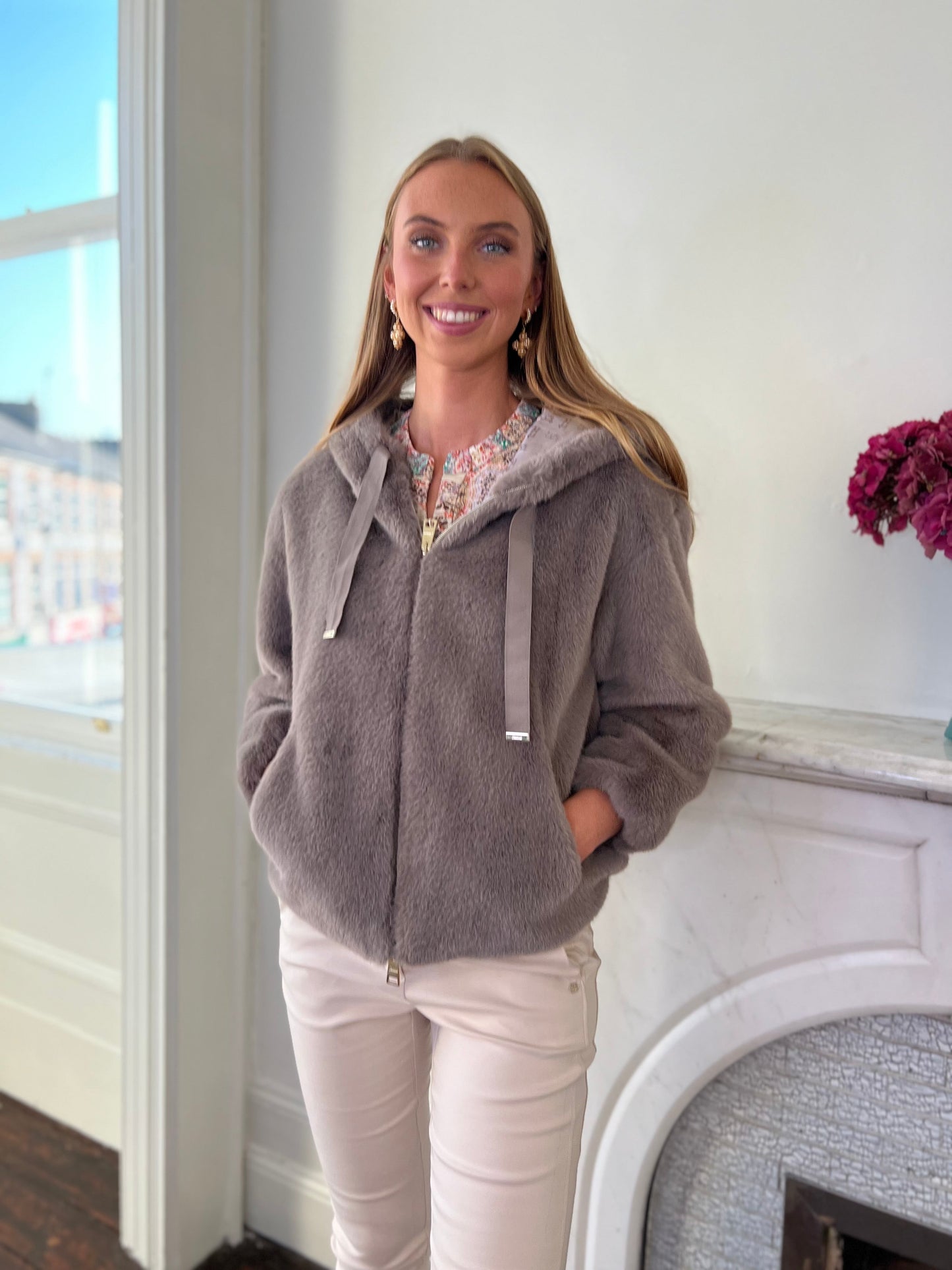 Taupe Bomber Soft Faux Fur Jacket with Hood