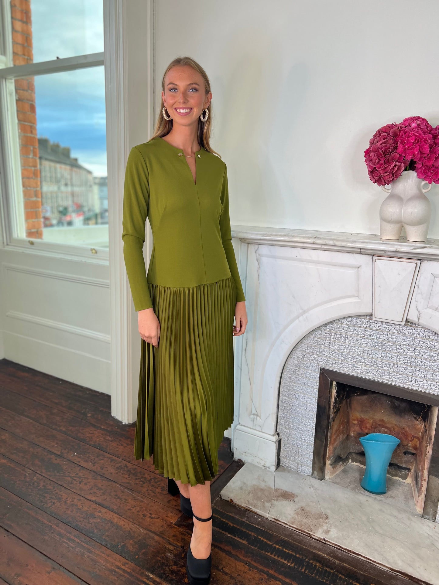 Olive Green Drop Waist Dress with Pleated Skirt