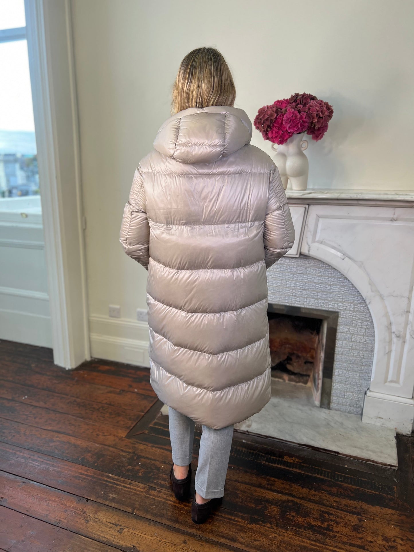 Long Down Quilted Ultra Light Coat with Hood Available in 2 Colours