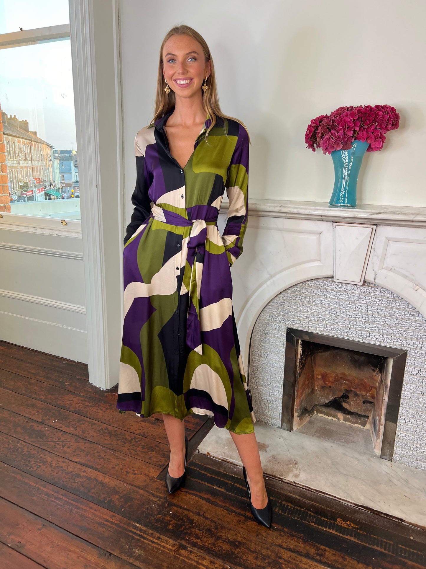 Kent Purple and Green Shirt Midi Dress with Belt