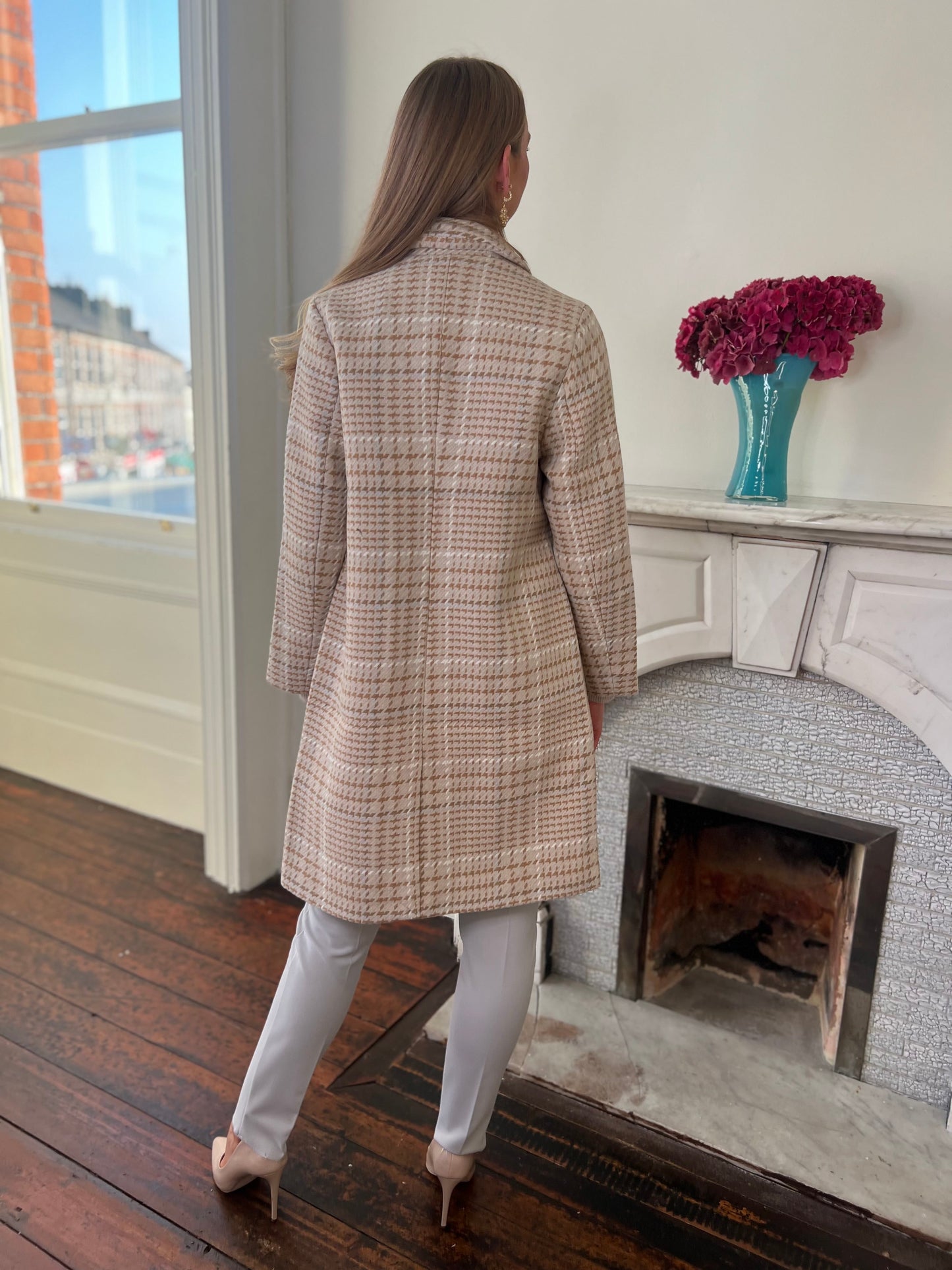 Mary Cream and Sand Houndstooth Double Breasted Wool Mix Coat