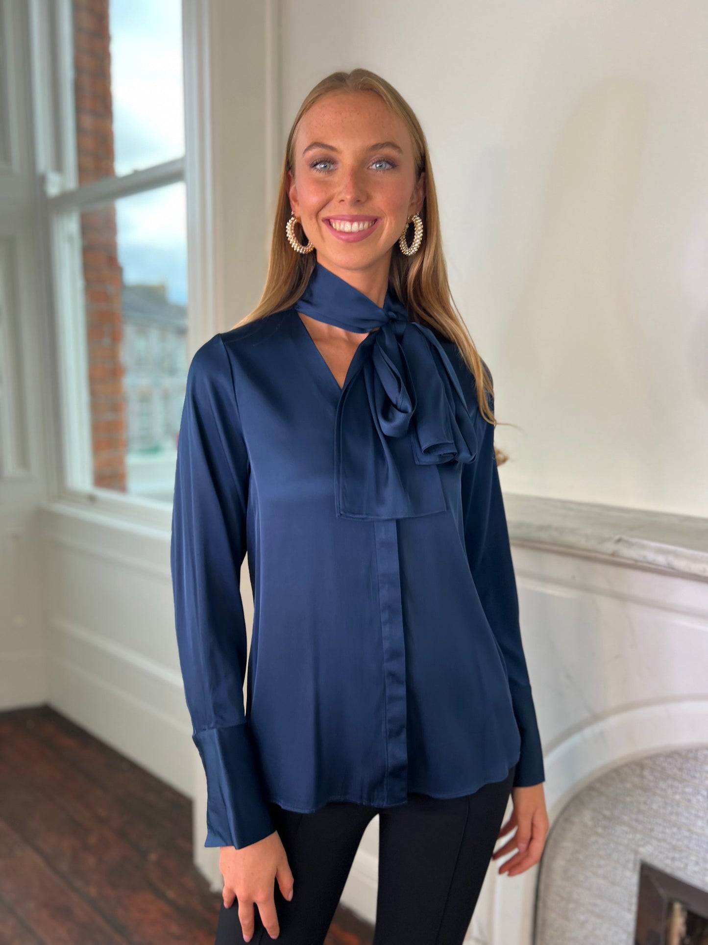 Provence Silk Blouse with Bow Tie Detail in DEEP OCEAN BLUE