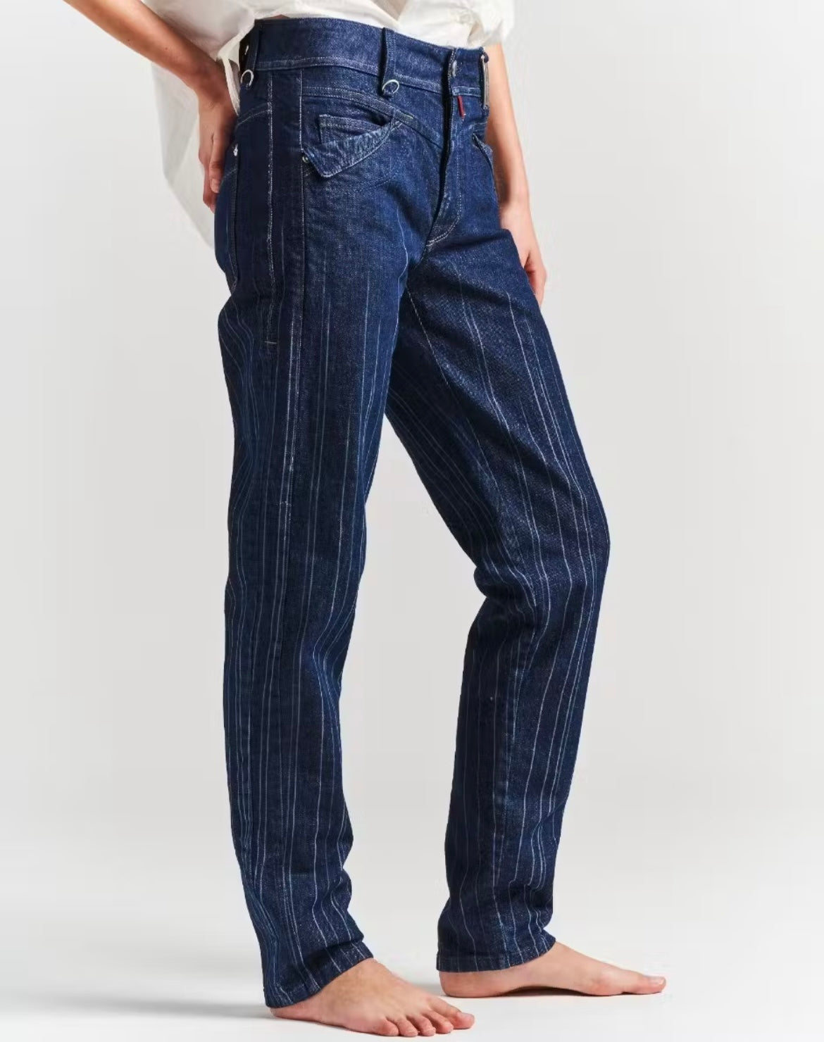 Fade-in-out laser pinstripe jeans