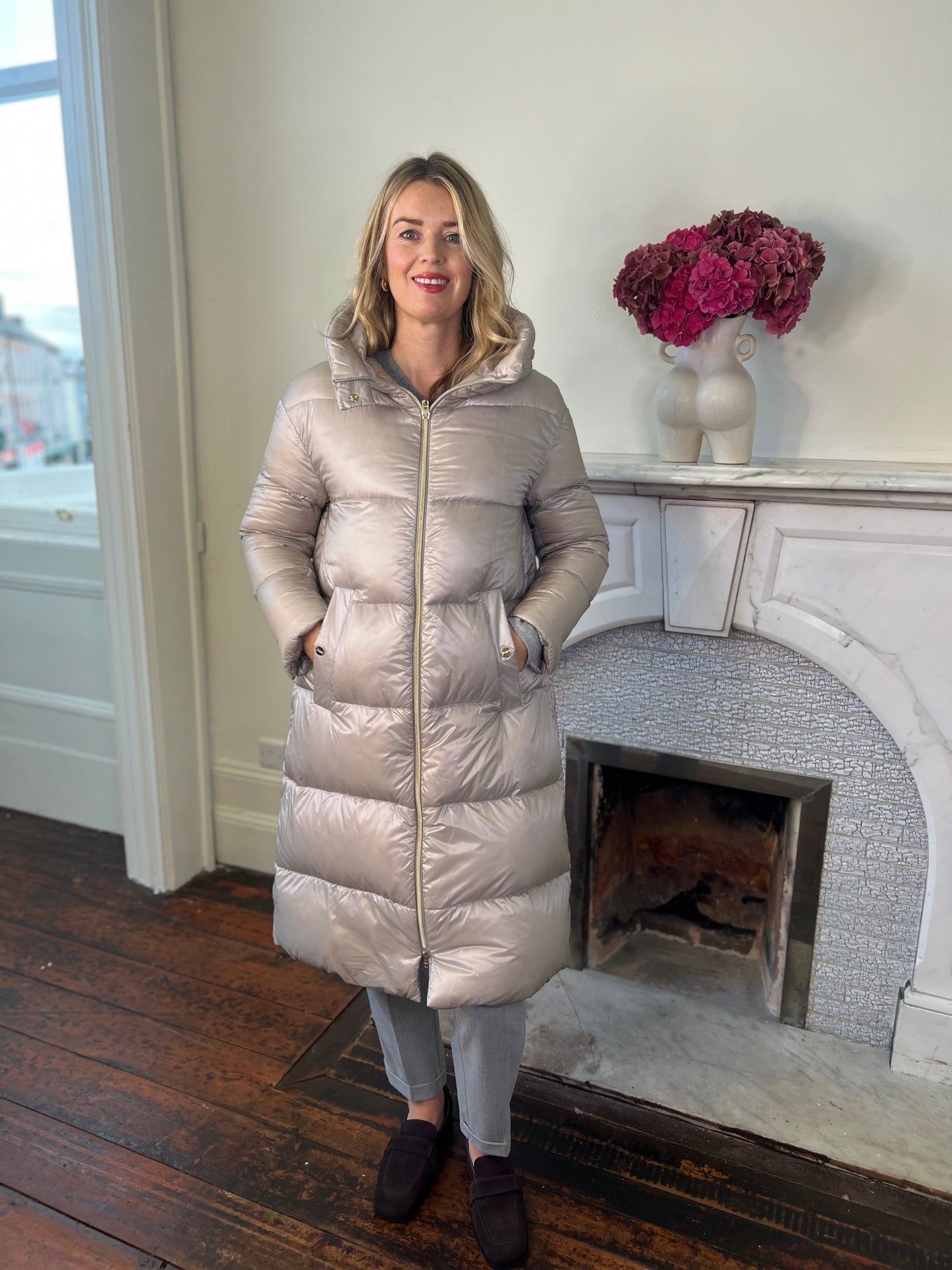 Long Down Quilted Ultra Light Coat with Hood Available in 2 Colours