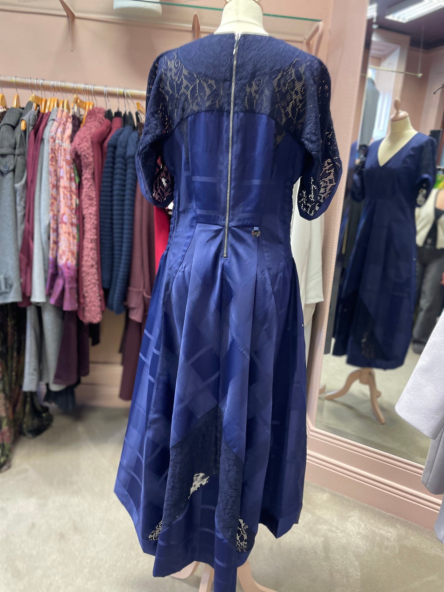 DESIRE Navy  Fit and Flare Dress in Tech Taffeta and Lace