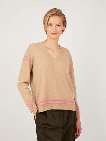 Celine Camel Cashmere V Neck Sweater with Bright Pink Trim