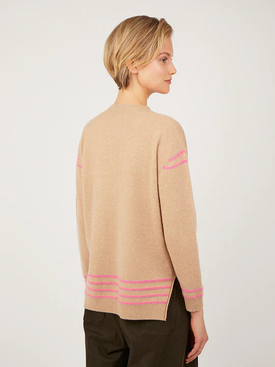 Celine Camel Cashmere V Neck Sweater with Bright Pink Trim