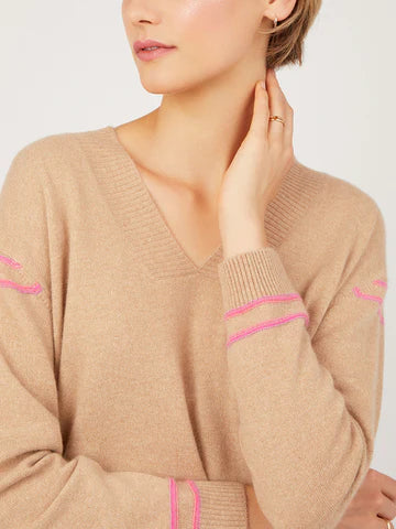 Celine Camel Cashmere V Neck Sweater with Bright Pink Trim