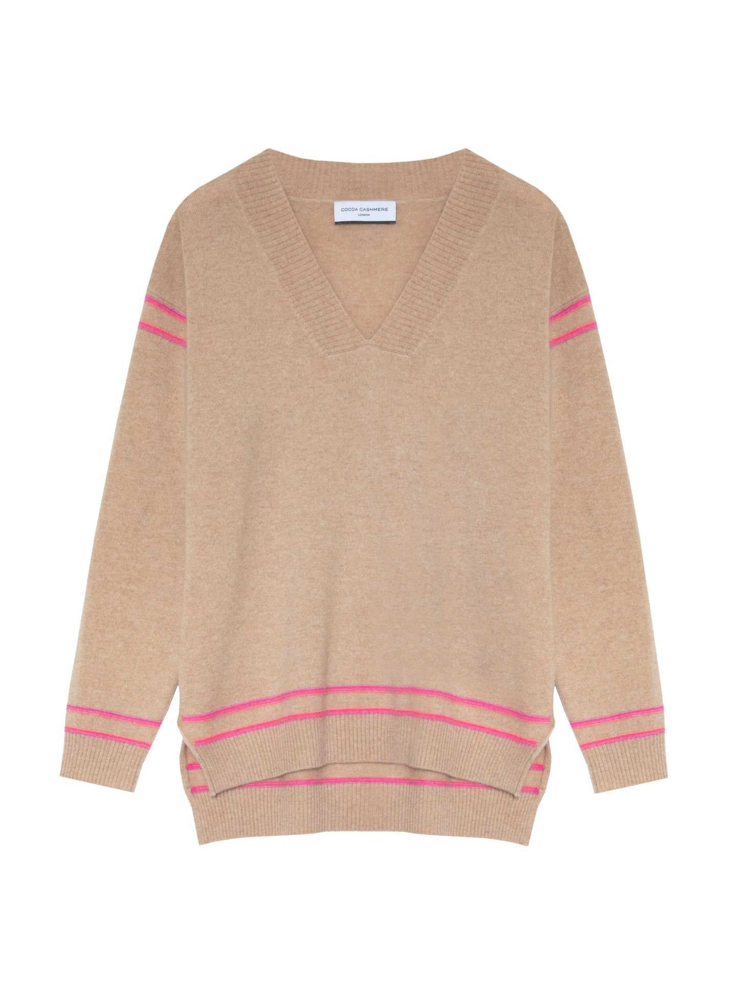 Celine Camel Cashmere V Neck Sweater with Bright Pink Trim