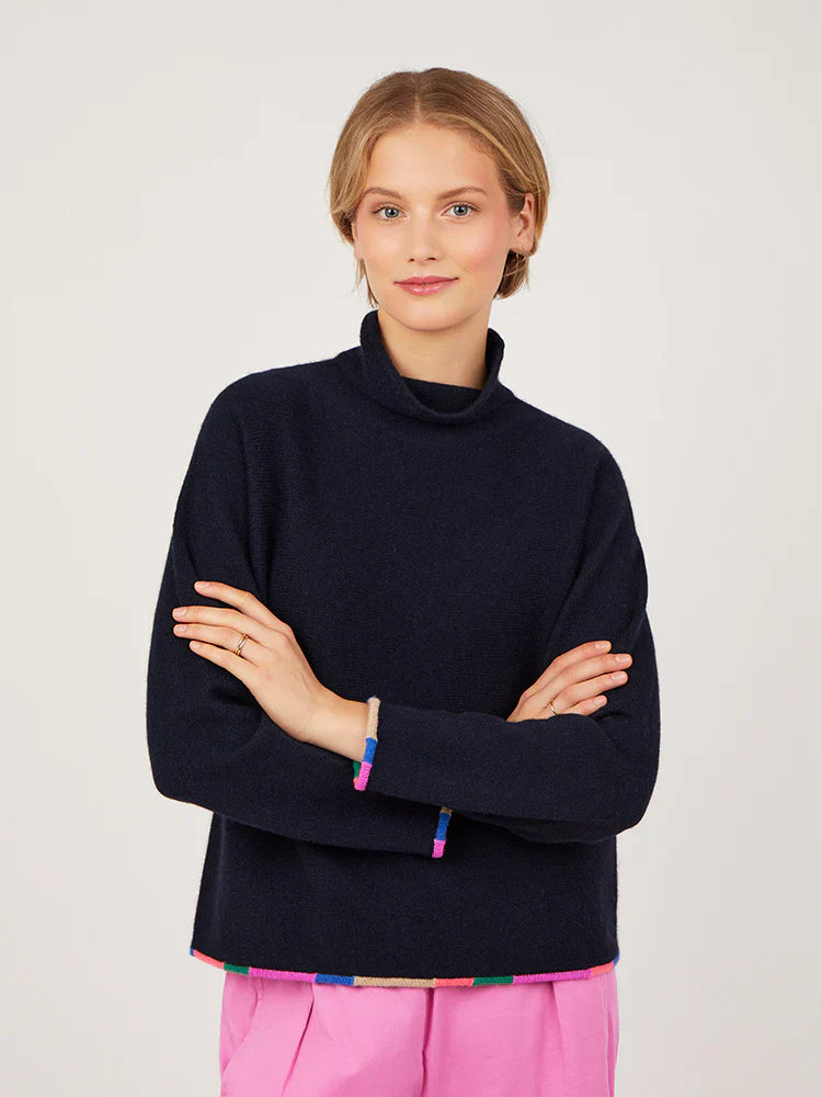 Misty Polo Cashmere in Cosmos Navy with Rainbow Trim