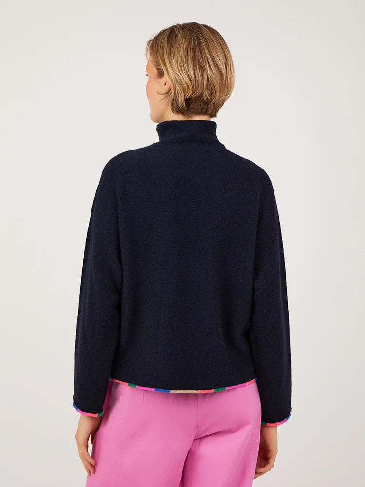 Misty Polo Cashmere in Cosmos Navy with Rainbow Trim