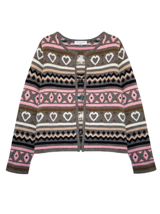 Eloeen Patterned Cashmere Jacket in Fawn, Pink and Navy Contrast