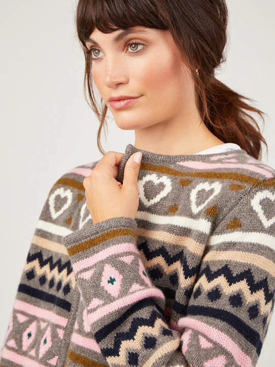 Eloeen Patterned Cashmere Jacket in Fawn, Pink and Navy Contrast