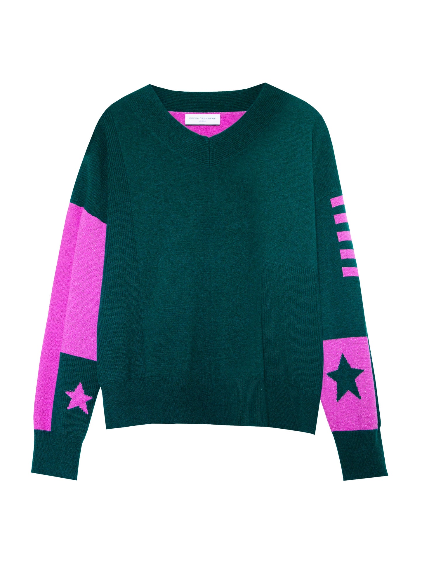 Bettina Fern Green and Cerise Pink V Neck Cashmere Sweater