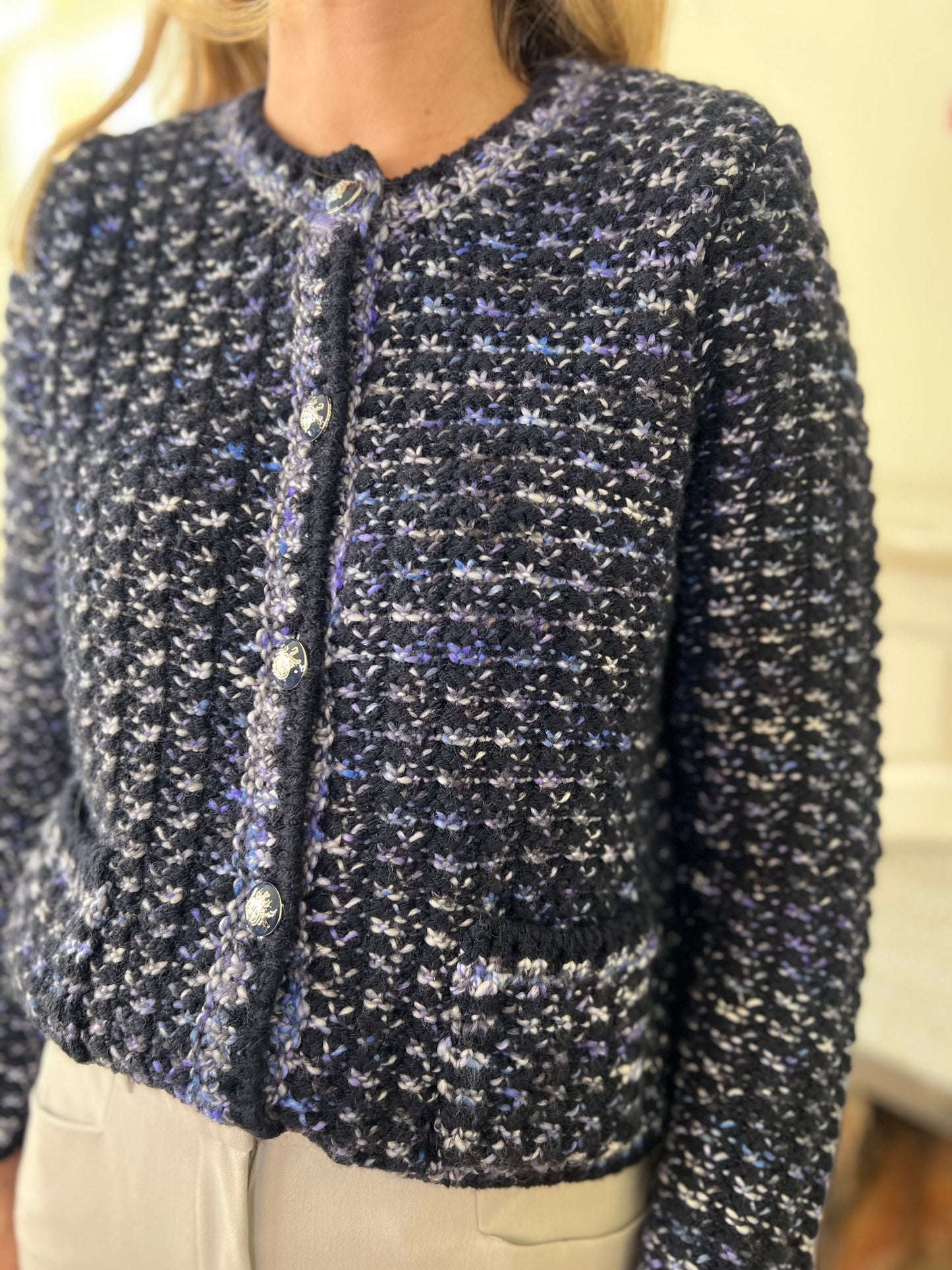 Beloni Navy Melange Tweed Knit Cardigan