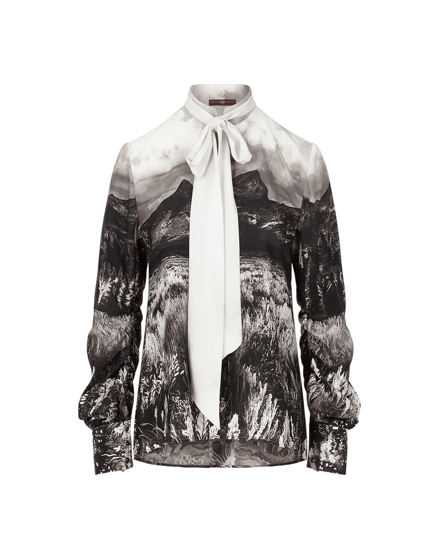 AMAZEMENT Stand Collar Blouse in Monocrome 'Wyoming' Landscape Print Crêpe