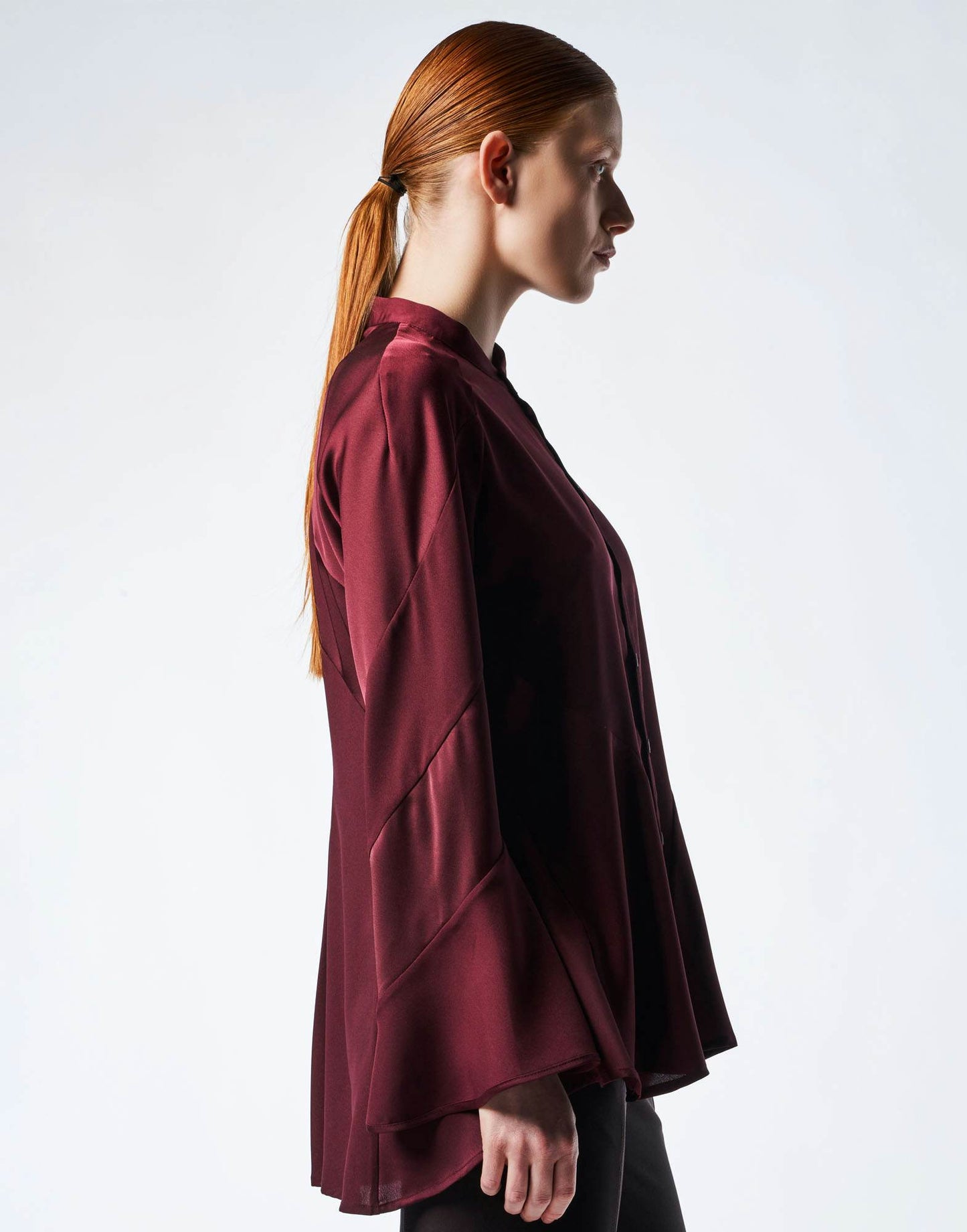 PATIENTLY  Burgundy Flared Blouse in Tech Satin