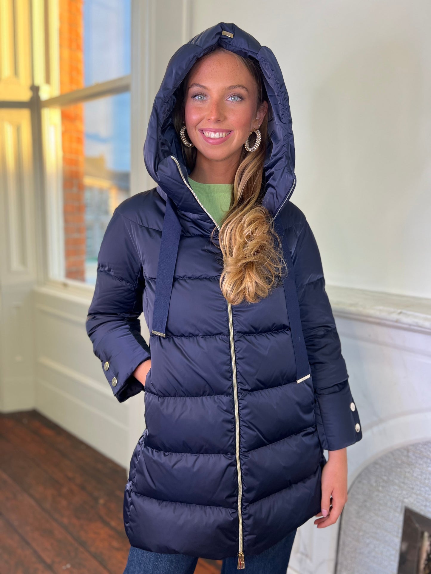 Navy A Shaped Long Puff Down Jacket with Hood