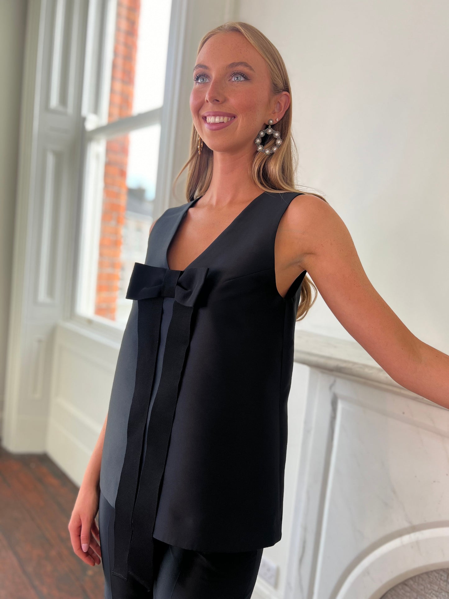 Duchesse Satin Sleeveless Black Top with Bow Detail