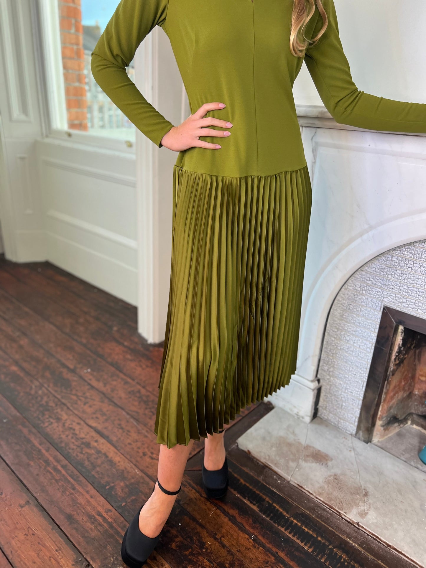 Olive Green Drop Waist Dress with Pleated Skirt