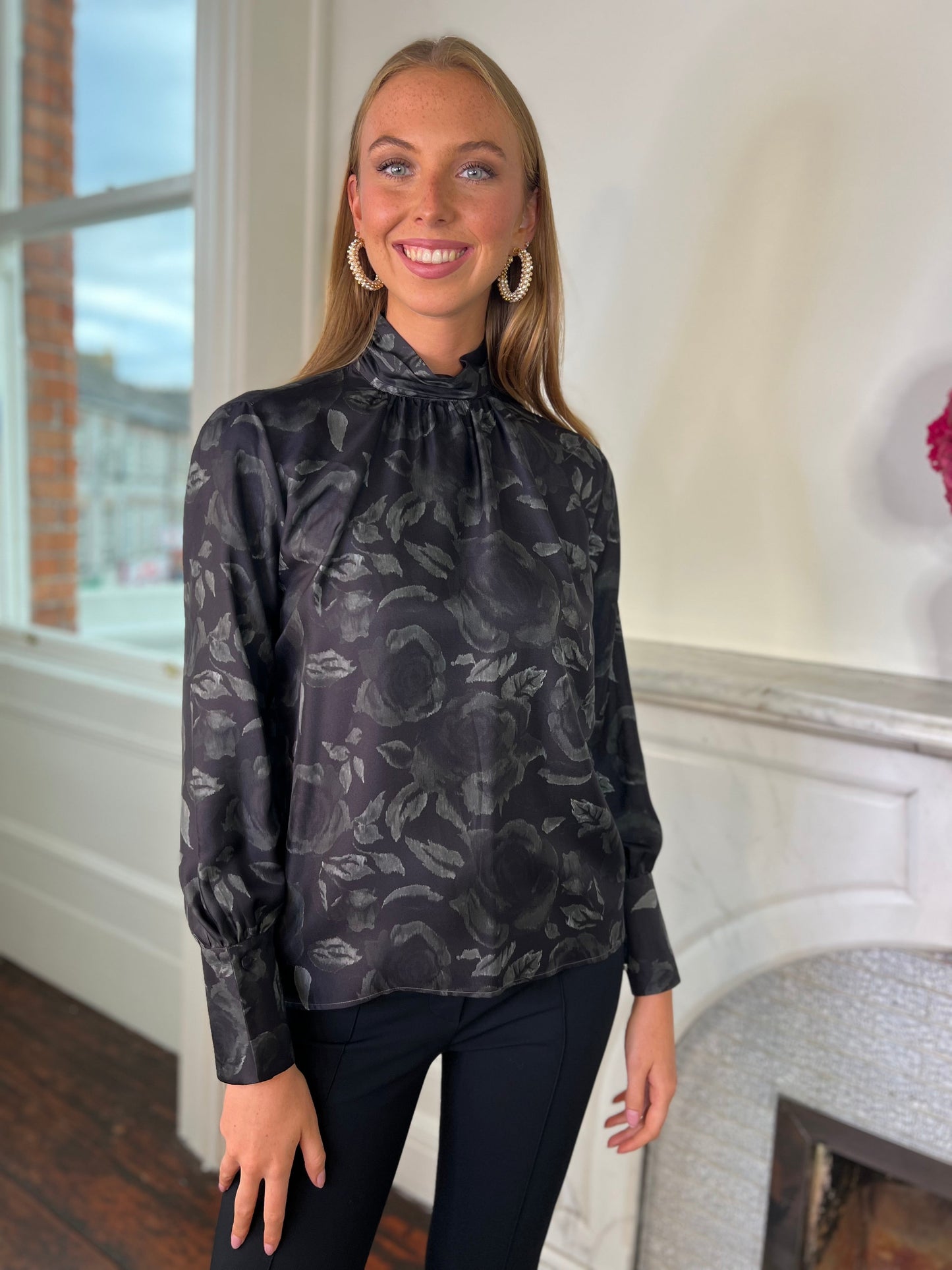 Black and Green Silk Rose Print Blouse with High Neck