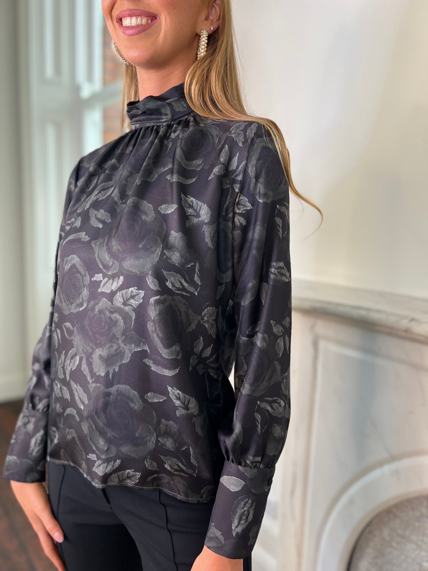 Black and Green Silk Rose Print Blouse with High Neck