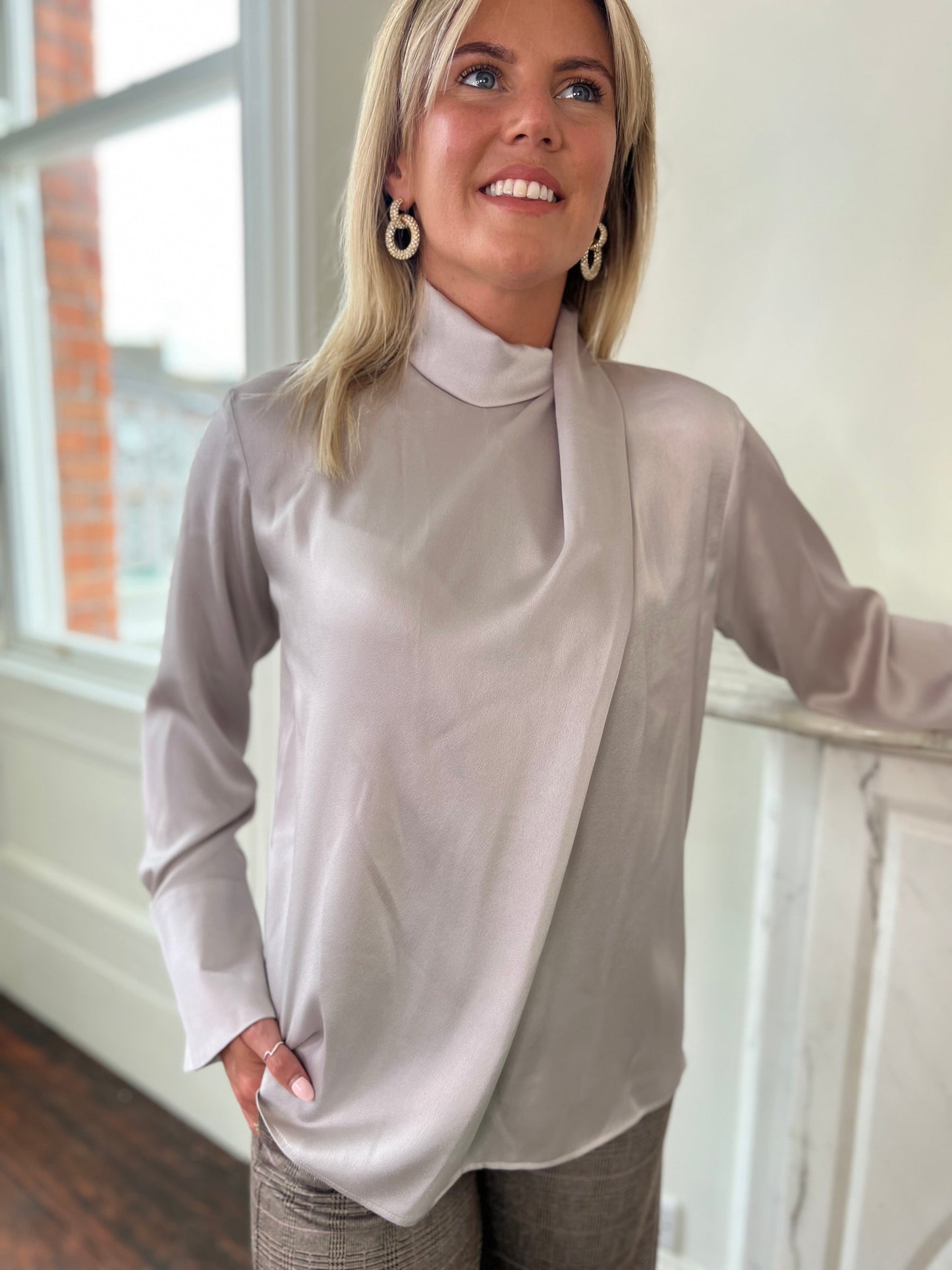 Coppa High Neck Blouse in Pebble Grey