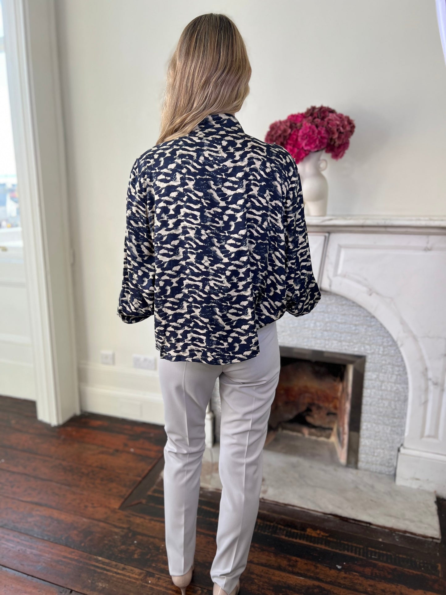 Alejandro Navy and Cream Print Blouse