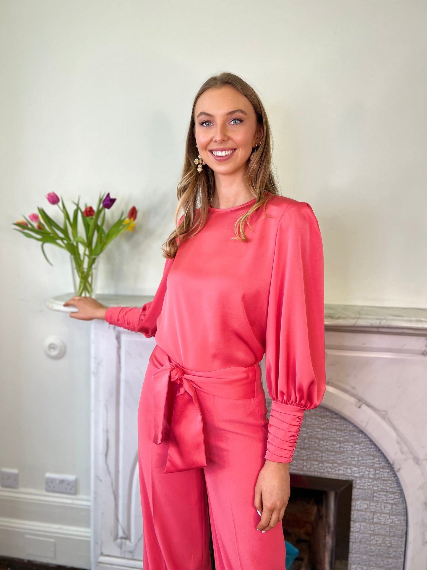 Coral Pink Blouse and Straight Leg Trousers With Tie Detail