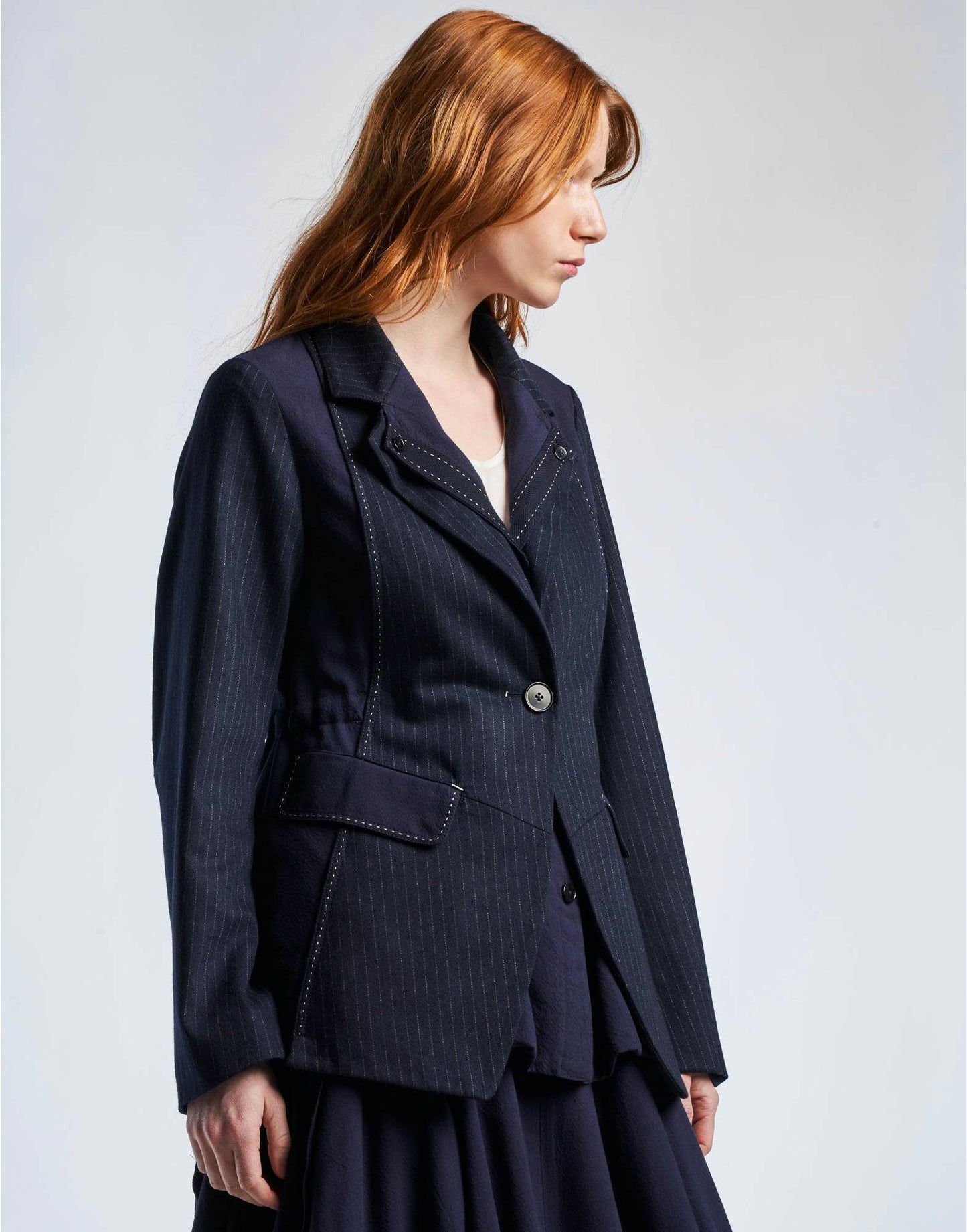 REPERTOIRE Fit and Flare Jacket in Navy Pinstripe and Wool Crêpe