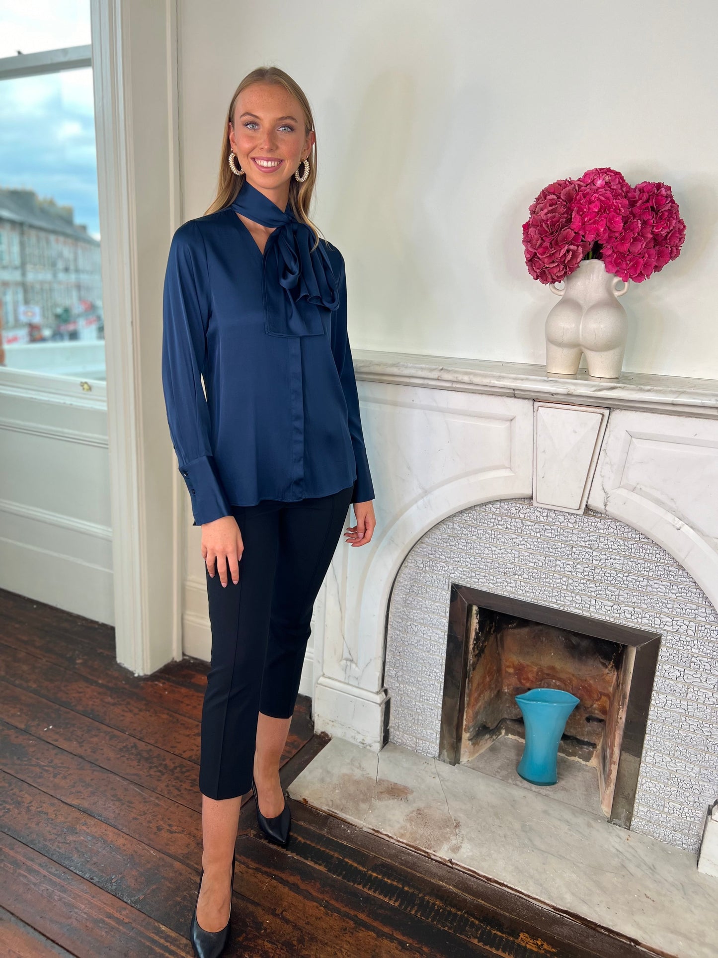 Provence Silk Blouse with Bow Tie Detail in DEEP OCEAN BLUE