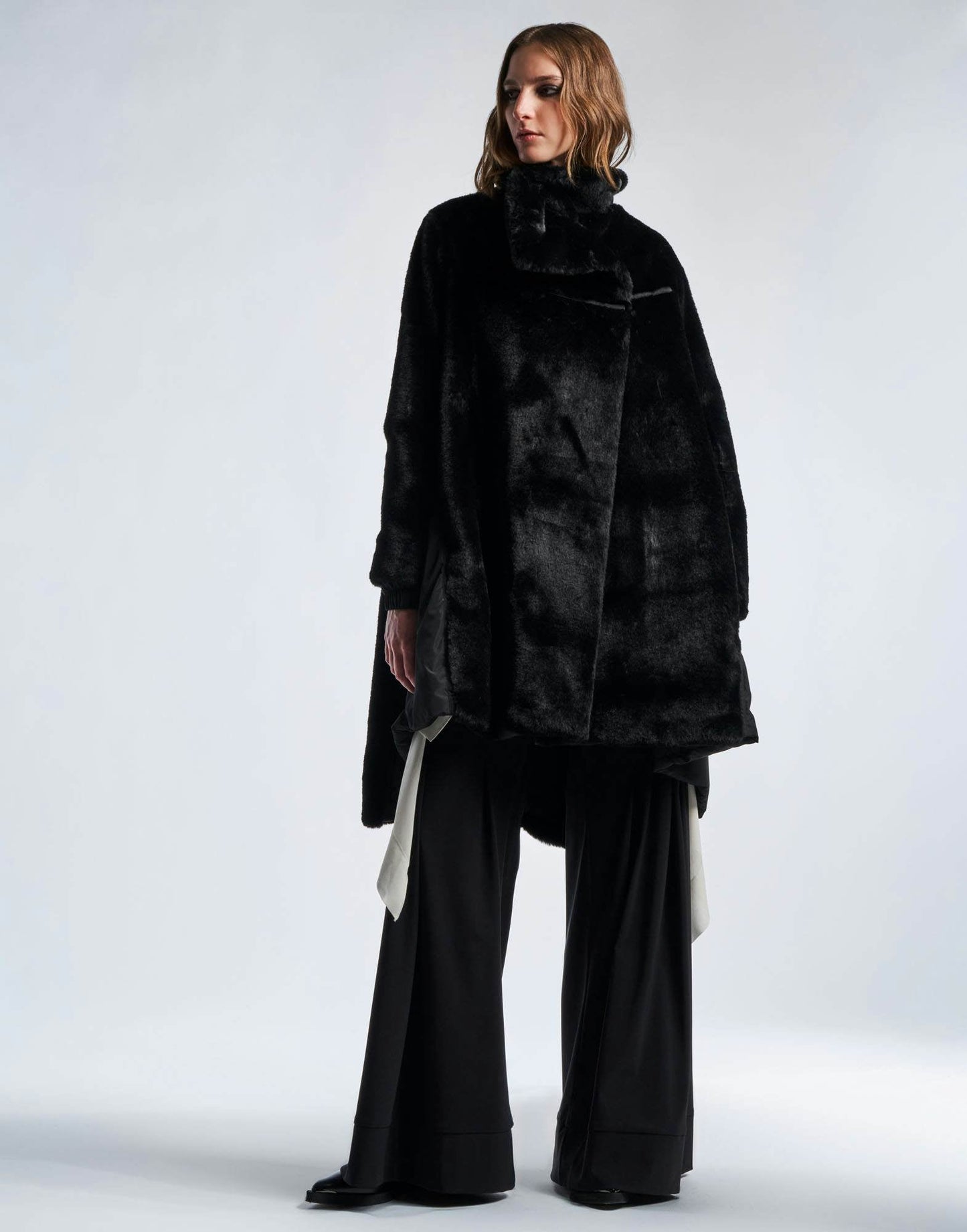 DETERMINED A-line Black Coat in Eco-Fur and Nylon