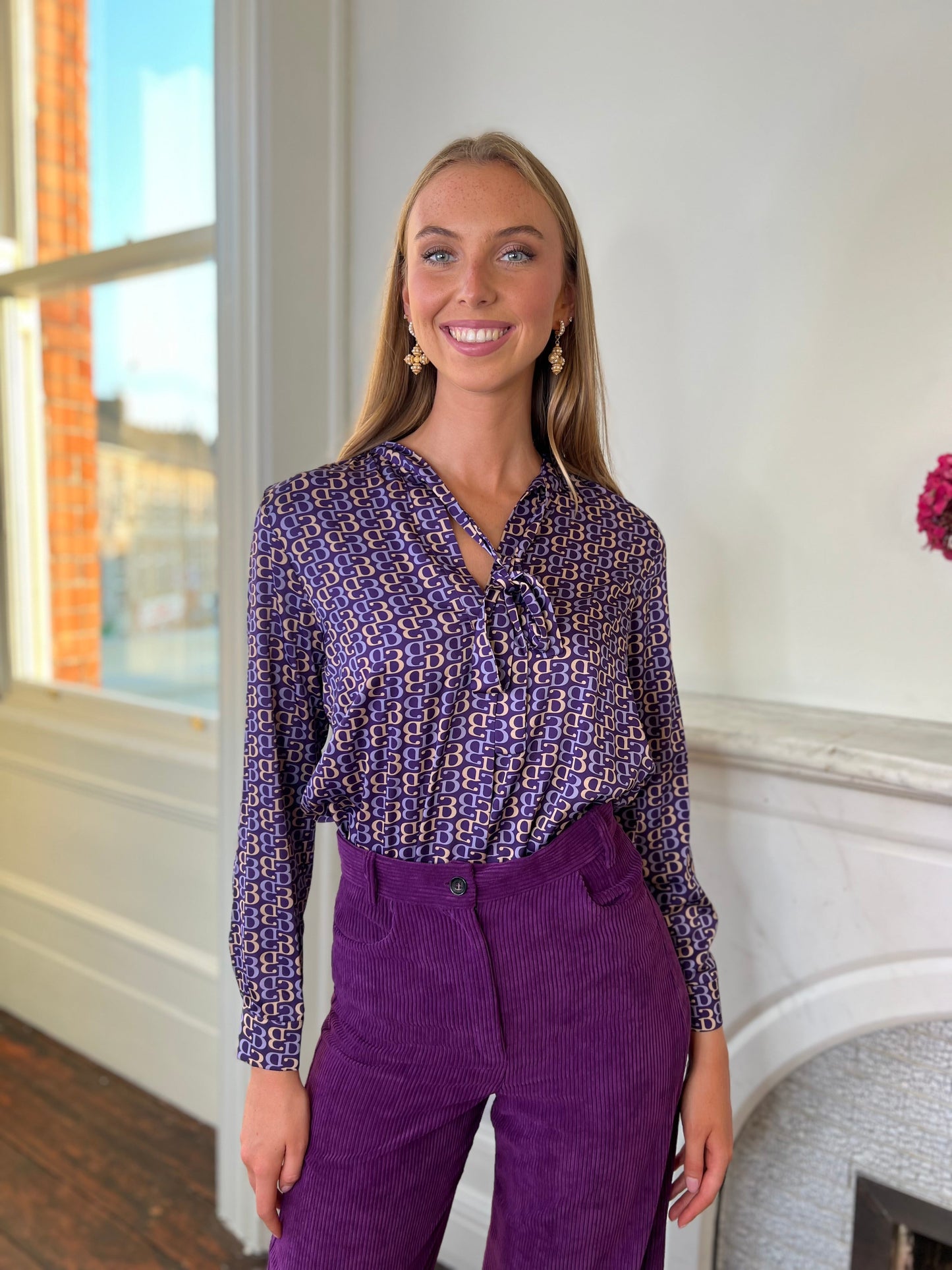 Purple Printed Neck Tie Blouse