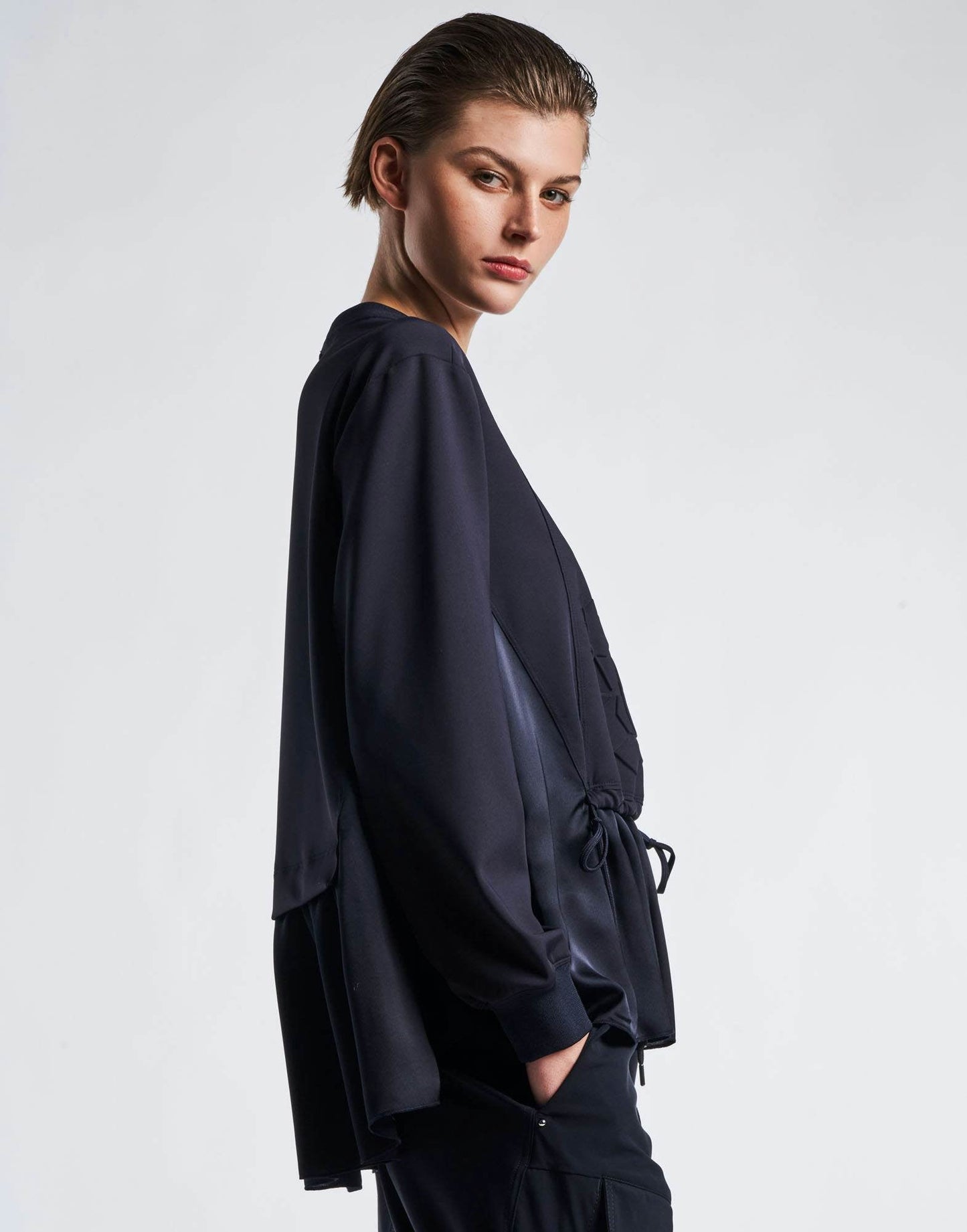 CURIOSITY Navy Sweatshirt in Sports Jersey and Technical Satin