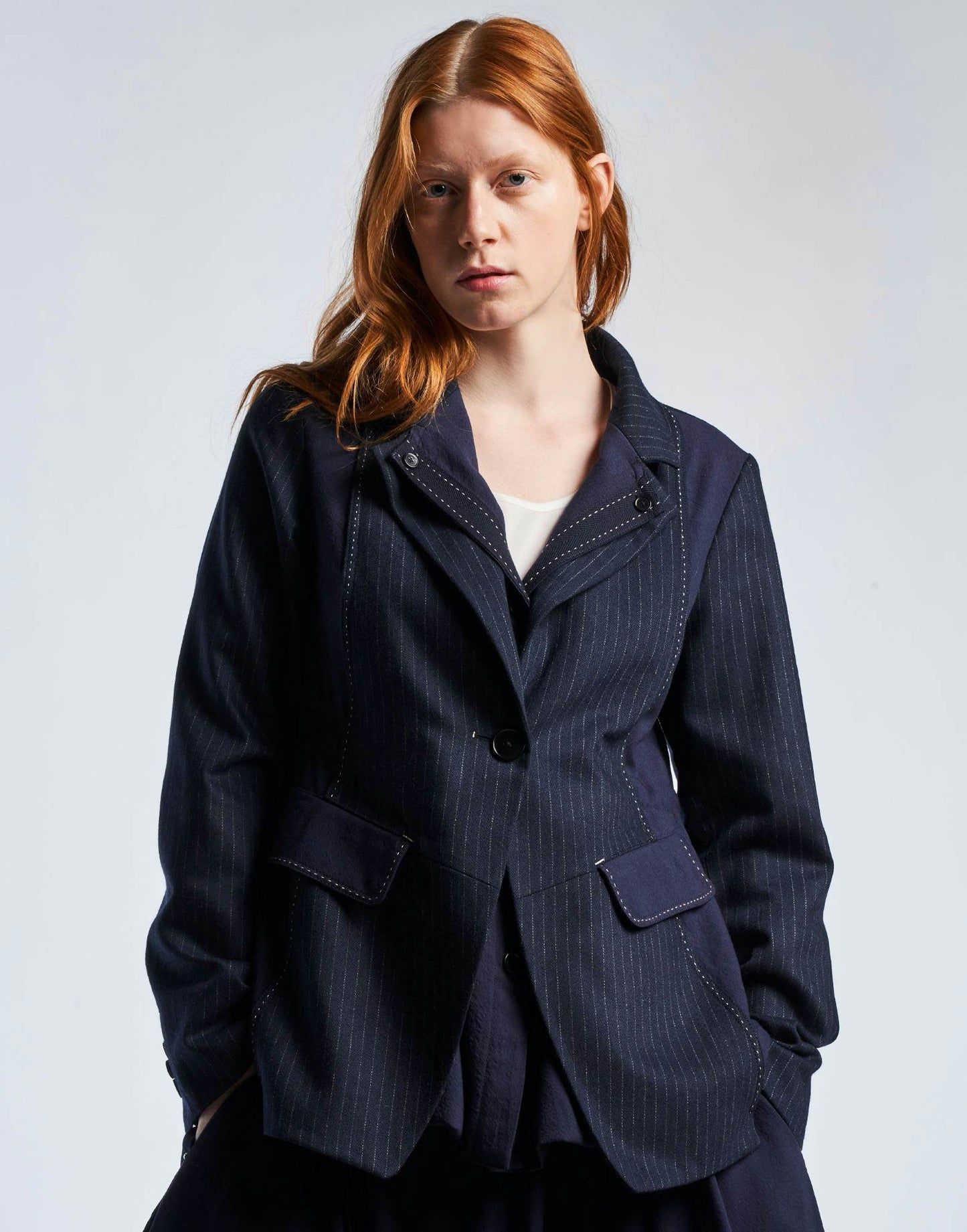 REPERTOIRE Fit and Flare Jacket in Navy Pinstripe and Wool Crêpe