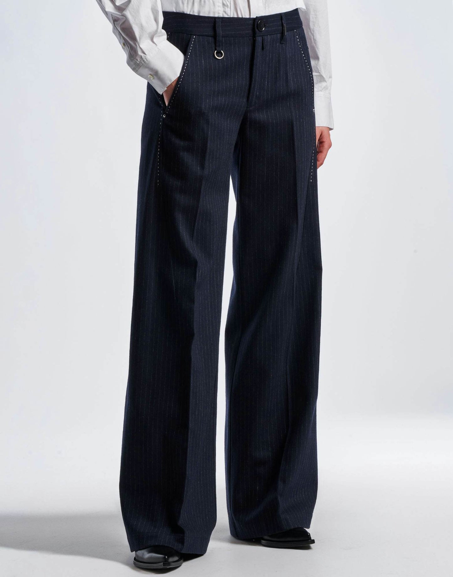 ARRIVAL Wide Leg Pants in Navy Blue Pinstripe